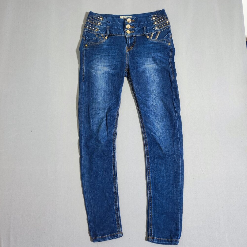Thriller jeans skinny straight women's junior sz 15 ink blue stretchy embellishe